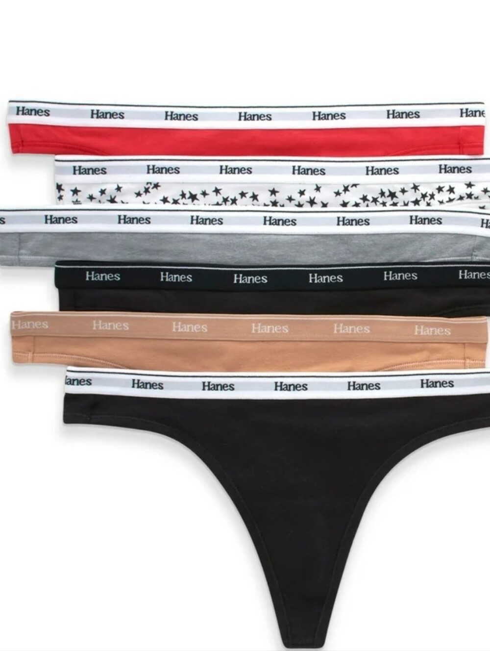 Women 6-Pack Cotton Bikini Thongs - Black, Red, Gray, Nude, White